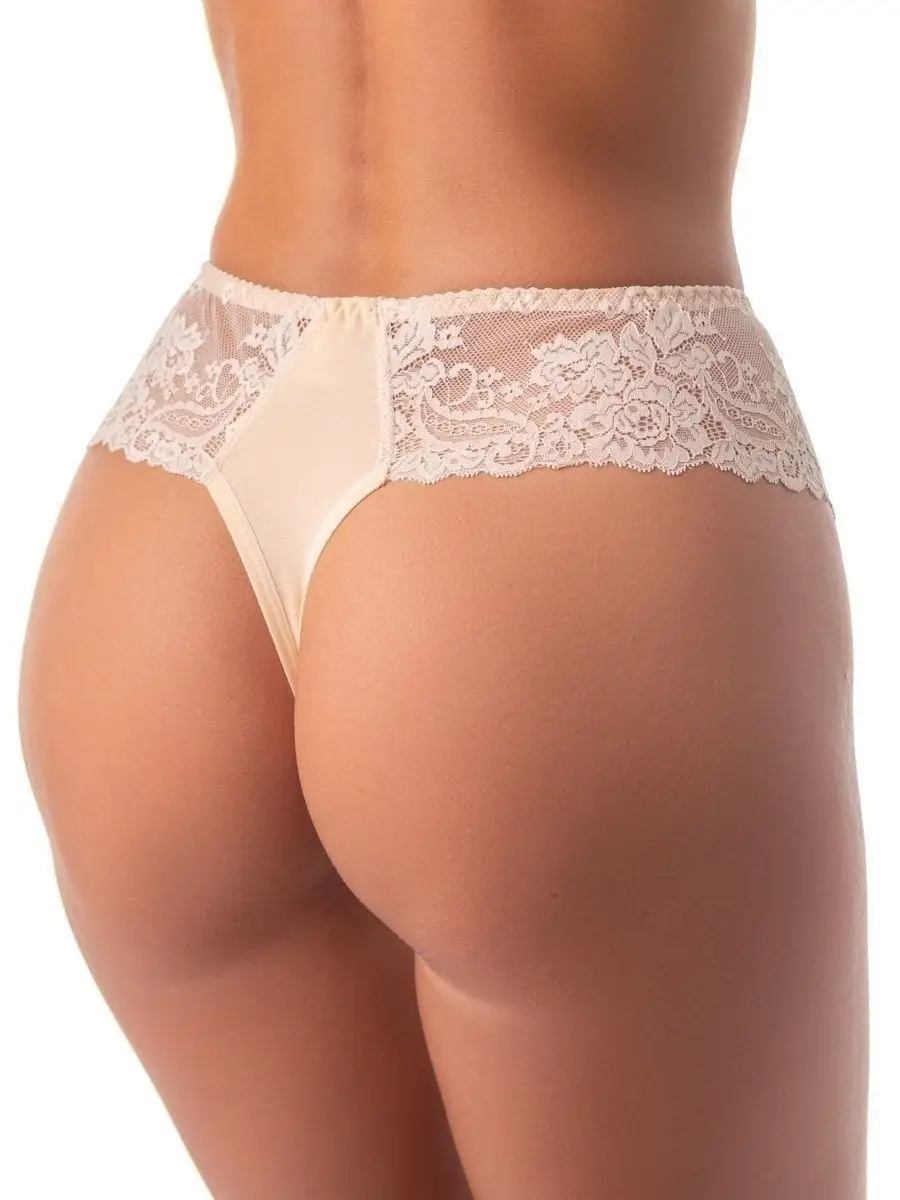 Трусы набор 3 шт кружевные стринги бразильяна бежевый/синий/черный