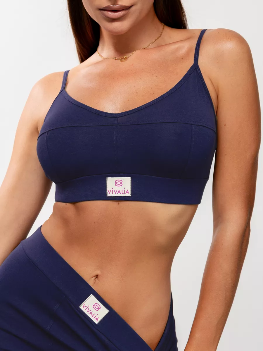 Топ спортивный укороченный на бретелях хлопок синий