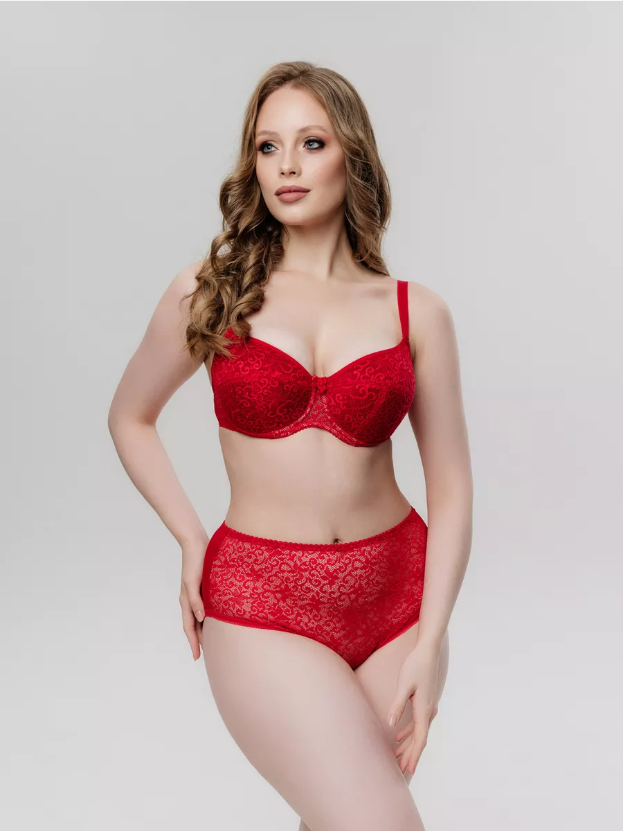 Трусы высокие хлопковые с кружевом красный