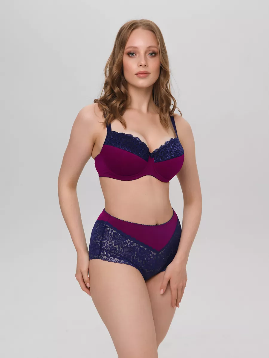 Трусы высокие кружевные слипы большие размеры сливовый/синий