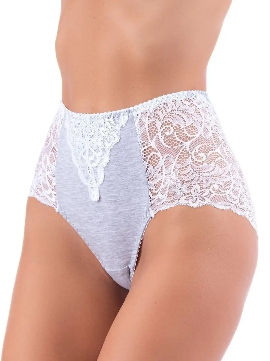 Трусы набор 3 шт кружевные с высокой посадкой серый/белый//серый//темно-серый