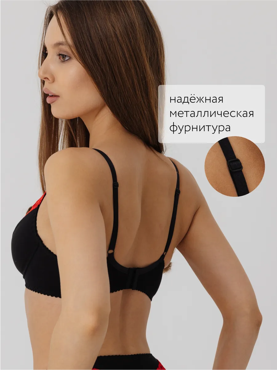 Бюстгальтер без поролона кружевной с мягкой чашкой черный/красный