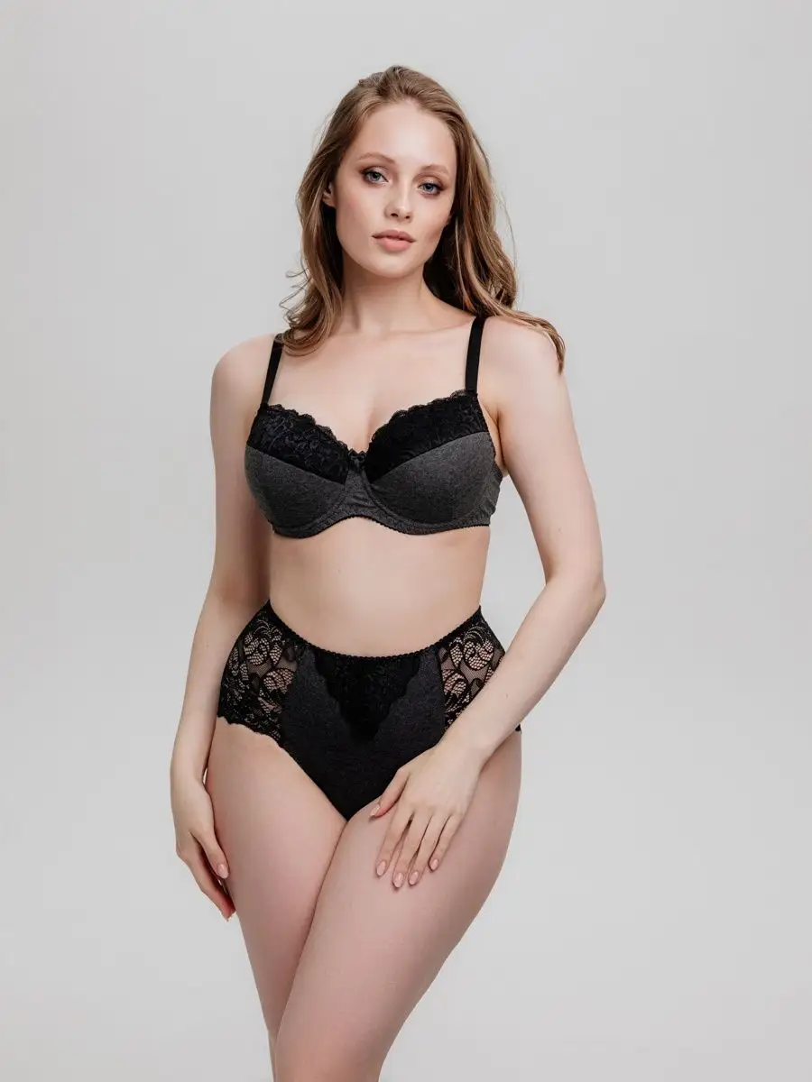 Трусы больших размеров высокие хлопок кружевные темно-серыймеланж/черный