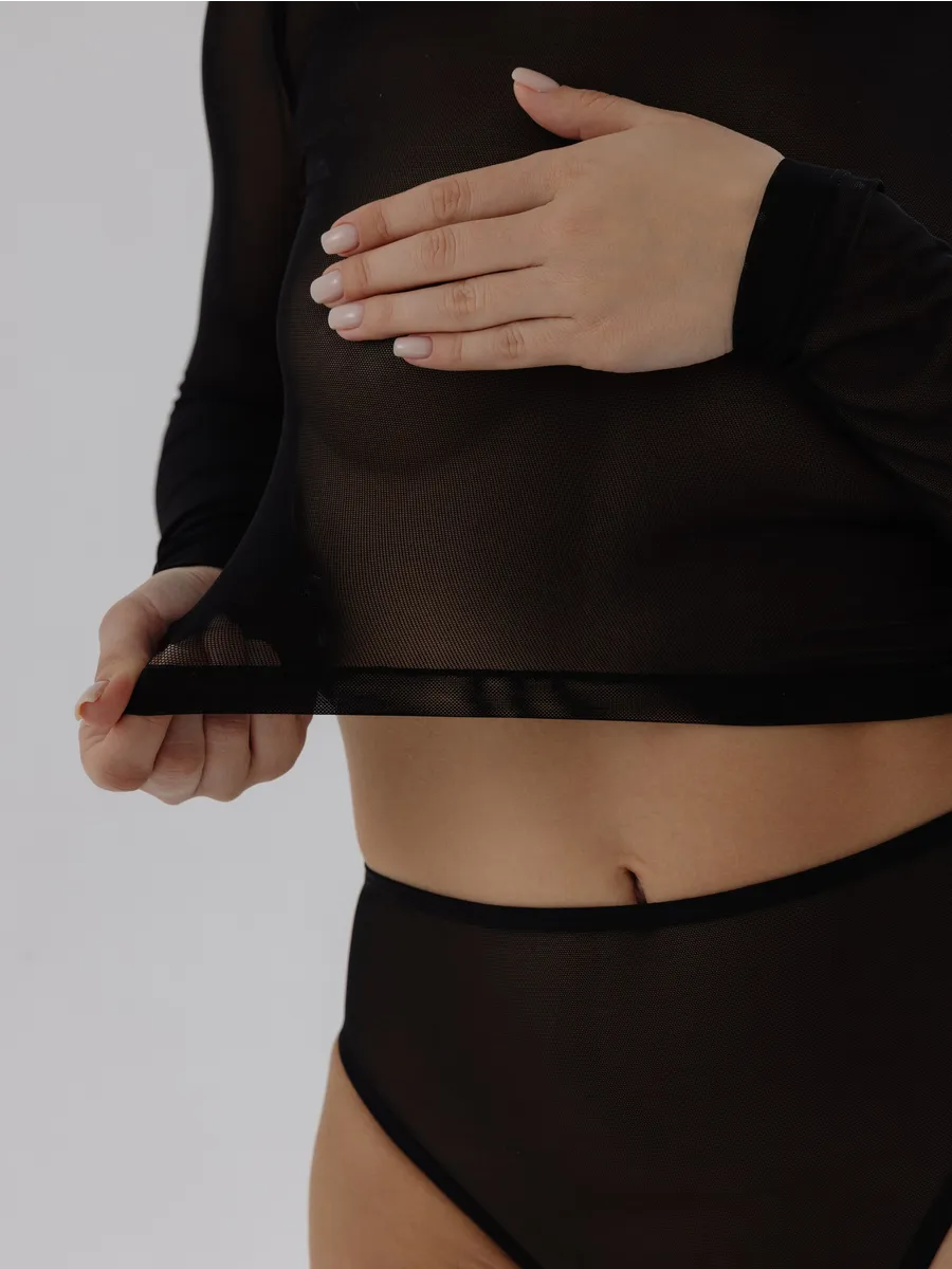 Лонгслив облегающий укороченный прозрачный сетка черный