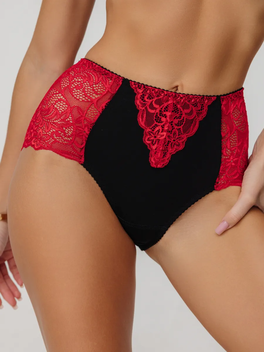 Трусы с высокой посадкой кружевные слипы черный-красный