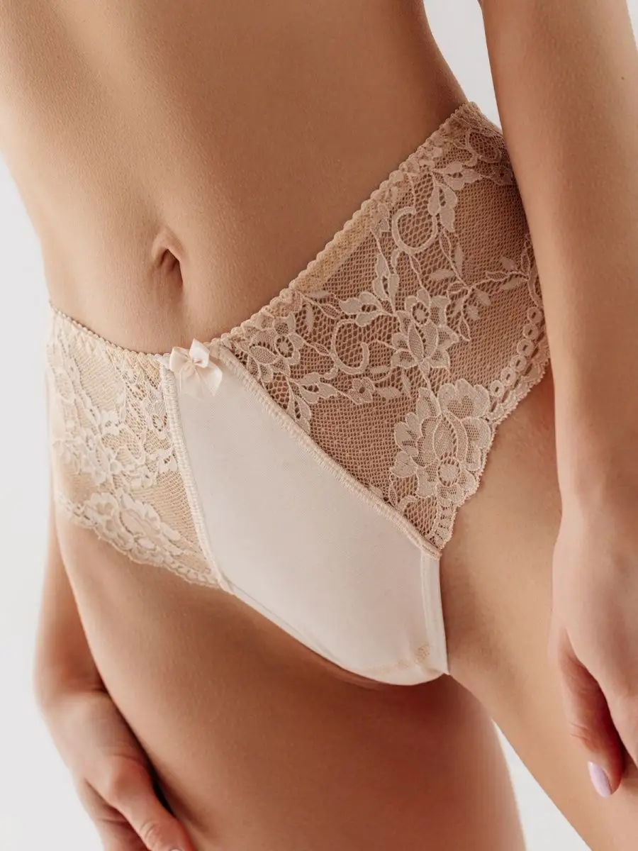 Трусы женские стринги кружевные сексуальные высокая посадка бежевый/бежевый