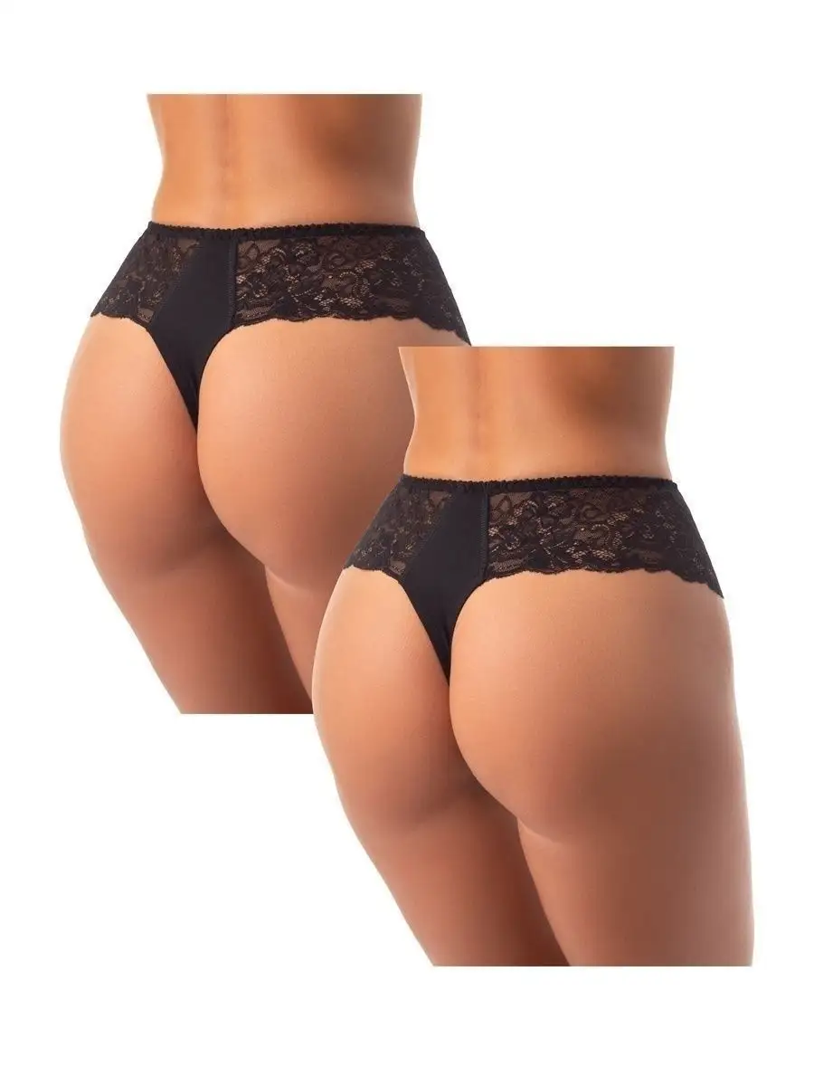 Набор хлопковых трусов: кружевные стринги 2 штуки черный/черный