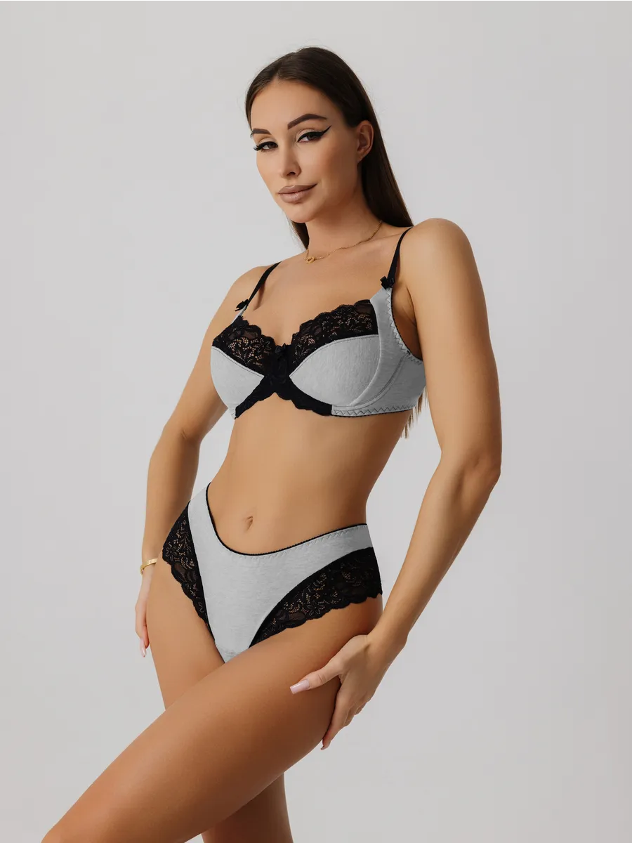 Трусы бразильяна хлопок трусики кружевные серыймеланж/черный