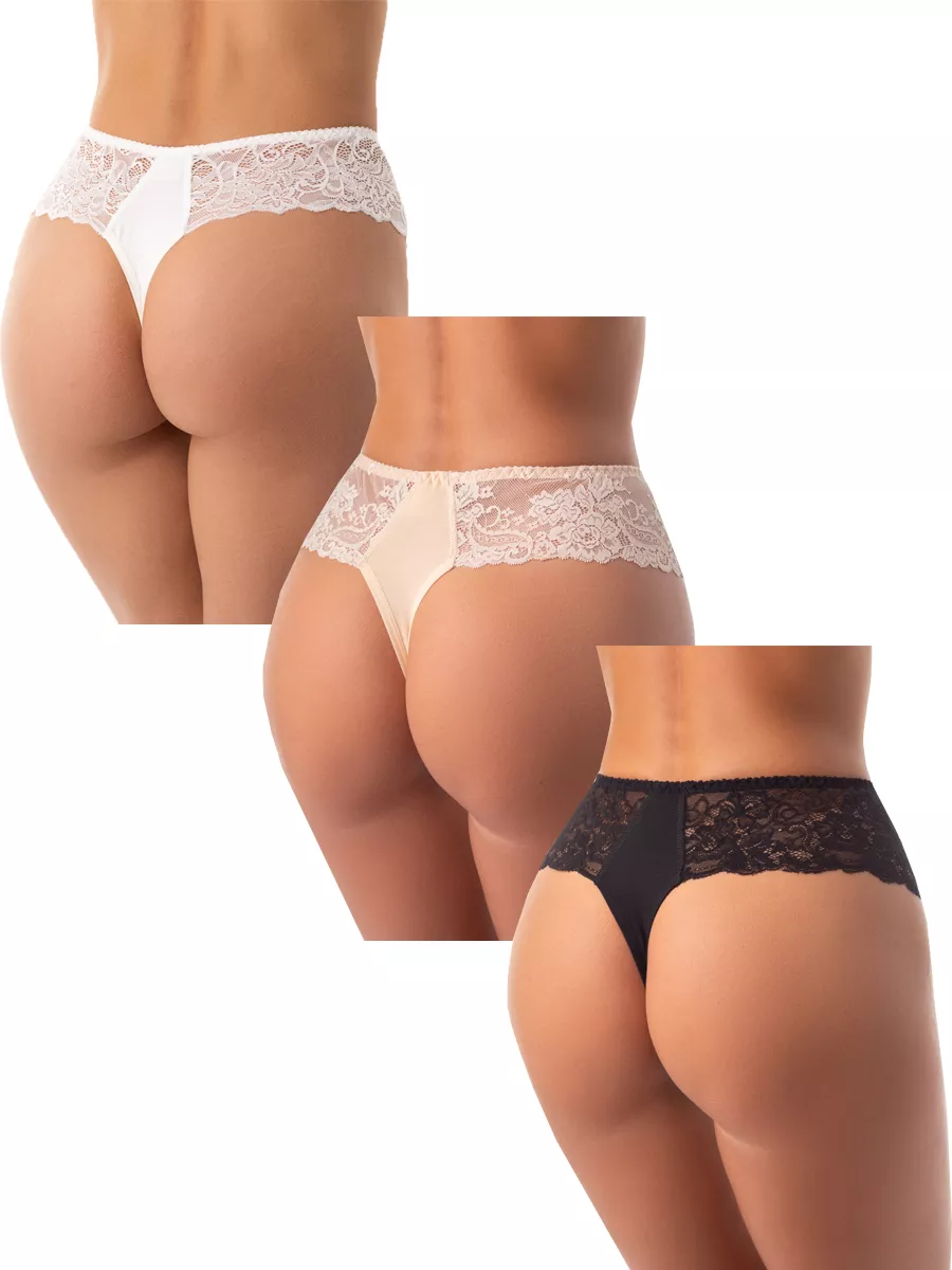 Набор комплект кружевные стринги бразильяна молочный/бежевый/черный