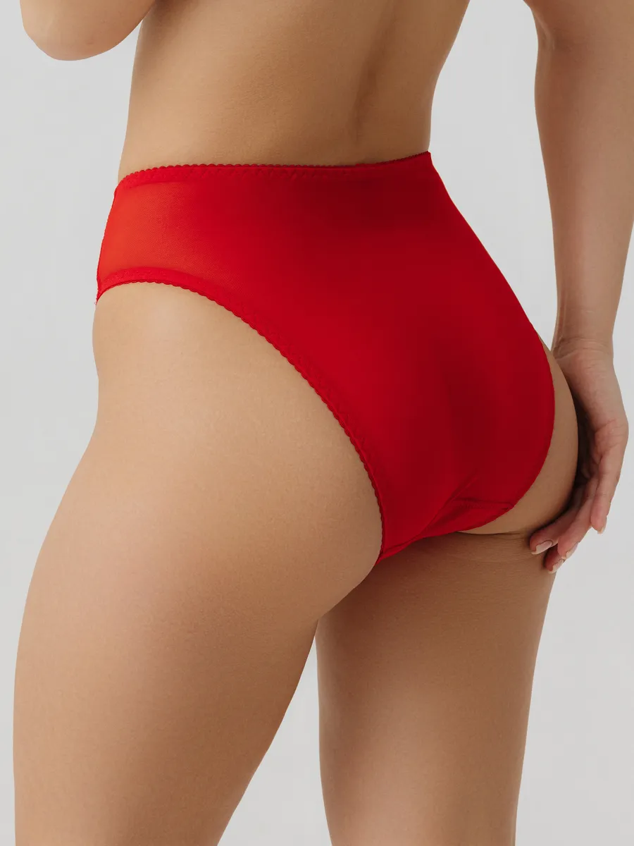 Трусы с высокой посадкой слипы прозрачные сетка с кружевом красный