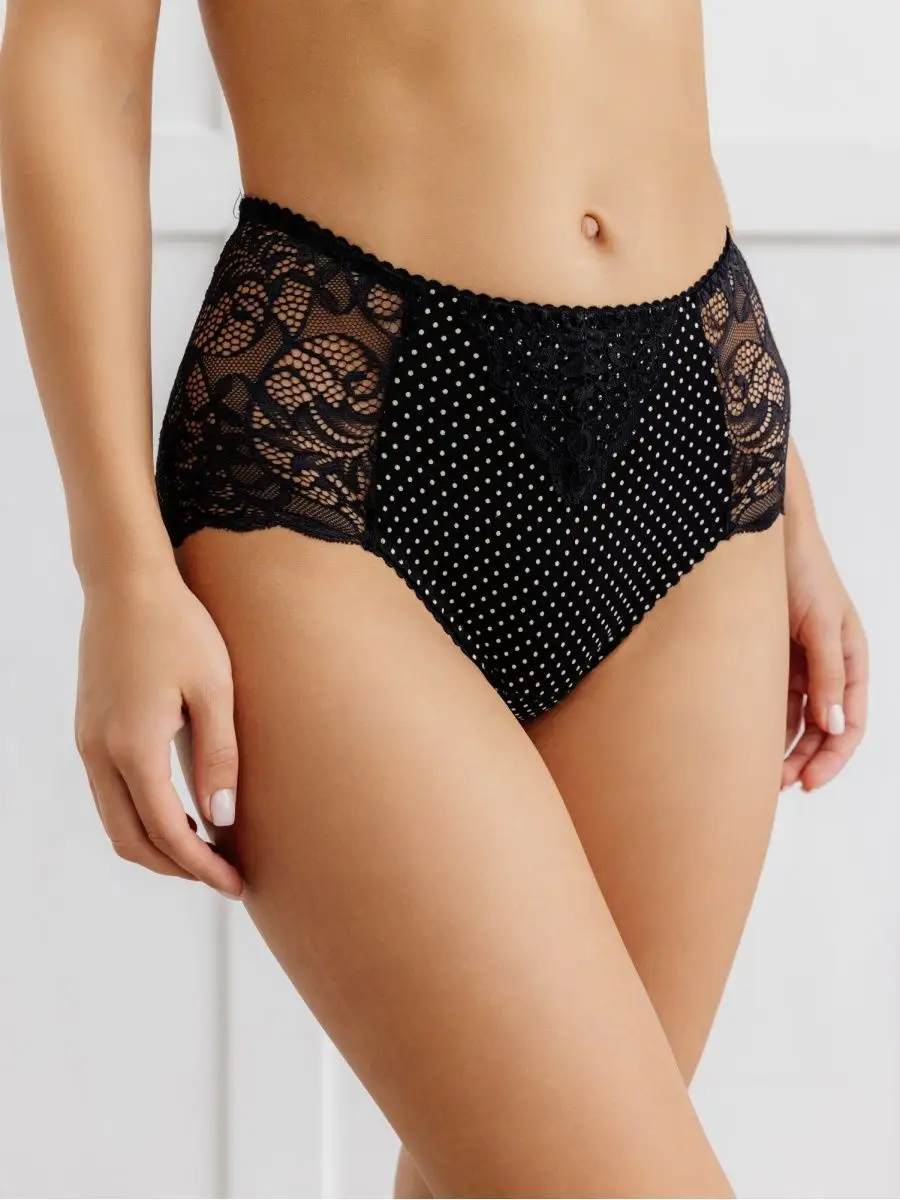 Трусы набор 3 шт кружевные с высокой посадкой черный/горох/кружево