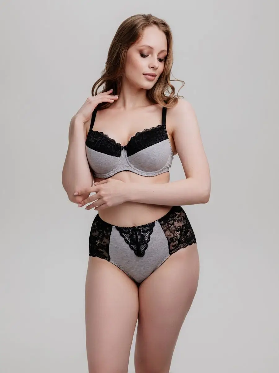 Трусы больших размеров высокие хлопок кружевные серыймеланж/черный