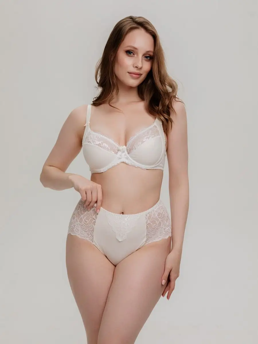 Трусы больших размеров высокие хлопок кружевные молочный