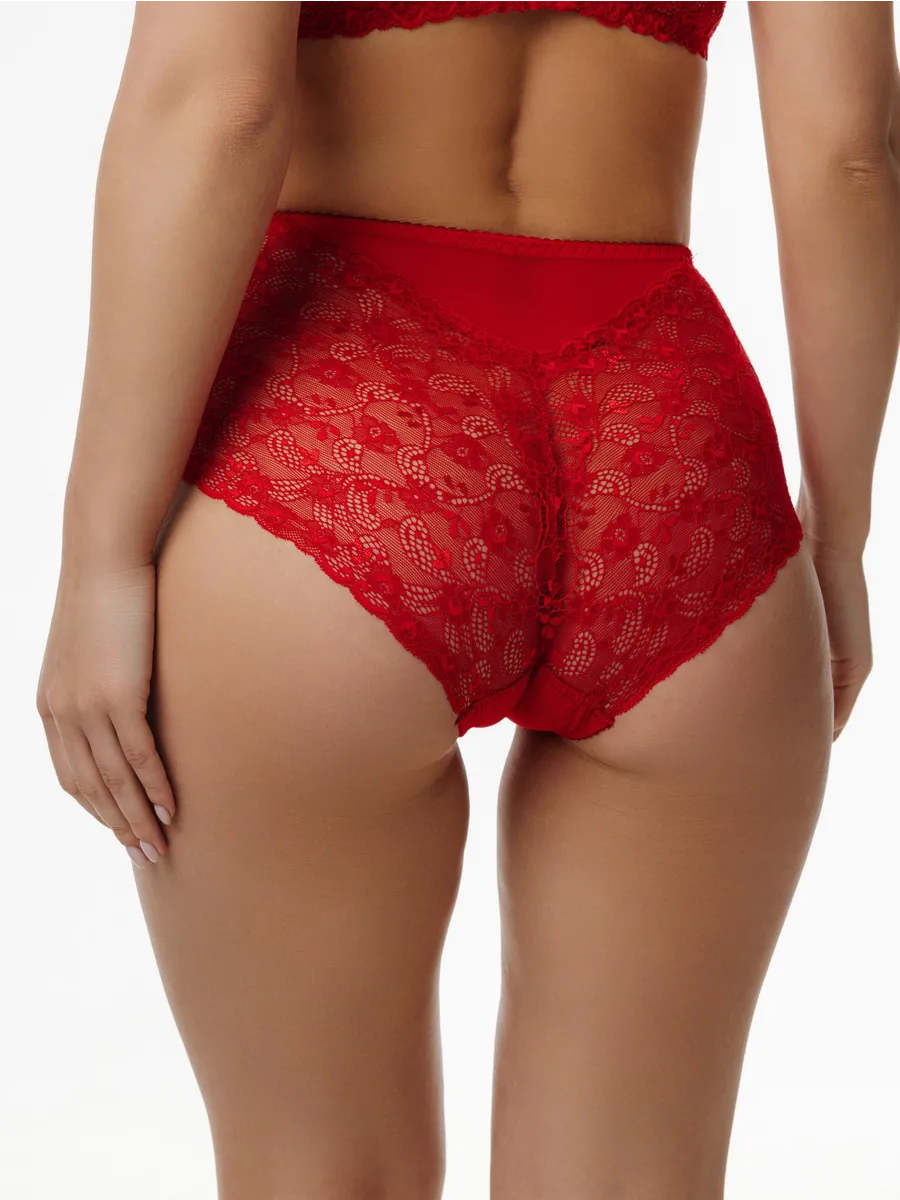Трусы с высокой посадкой кружевные слипы красный