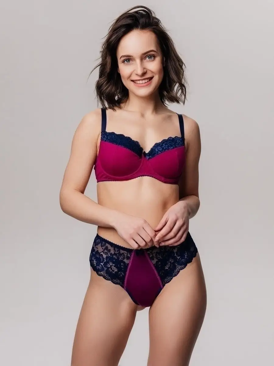 Трусы набор 3 шт кружевные стринги бразильяна сливовый/синий/красный