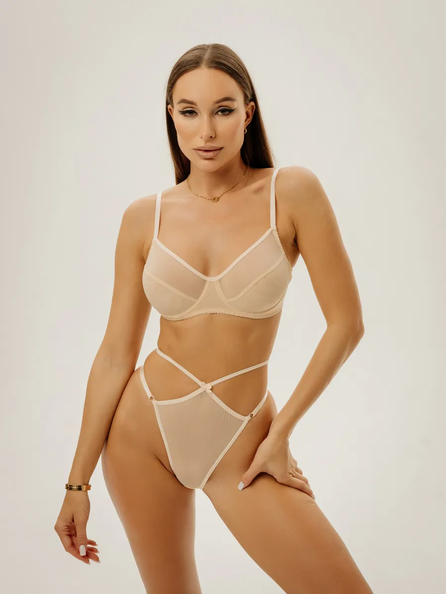 Бюстгальтер без поролона прозрачный из сетки на косточках бежевый