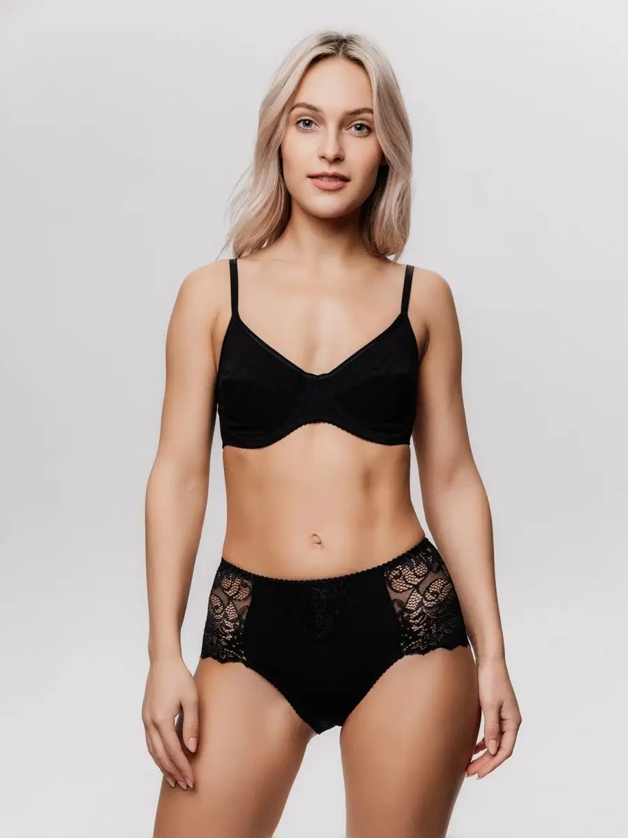Трусы набор 3 шт кружевные с высокой посадкой черный/горох/кружево