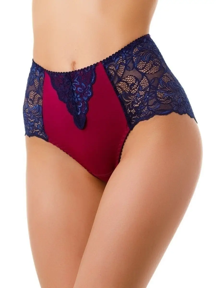 Трусы набор 3 шт кружевные с высокой посадкой сливовый/синий/красный
