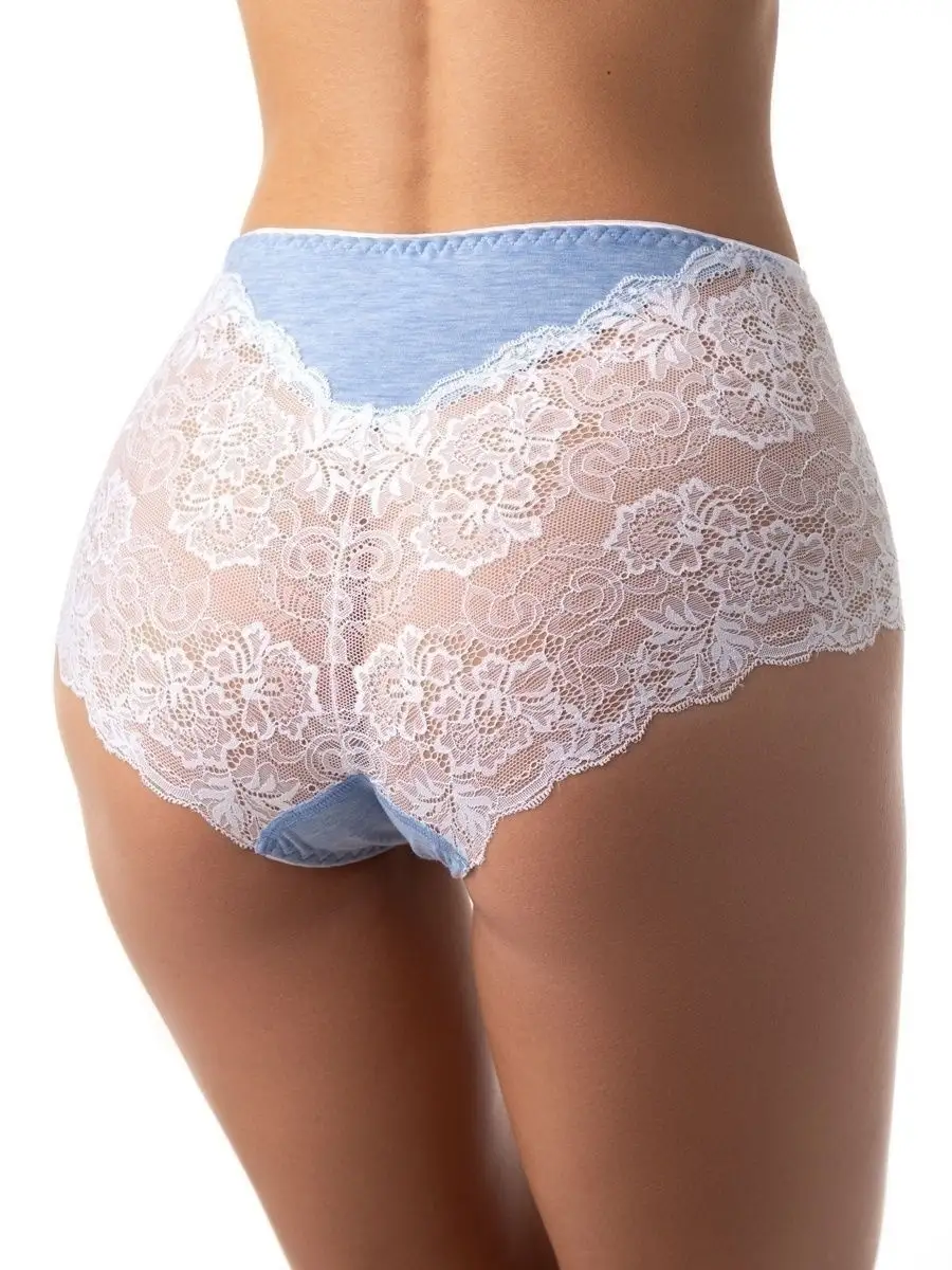 Трусы набор 3 шт кружевные с высокой посадкой белый/голубой/серый