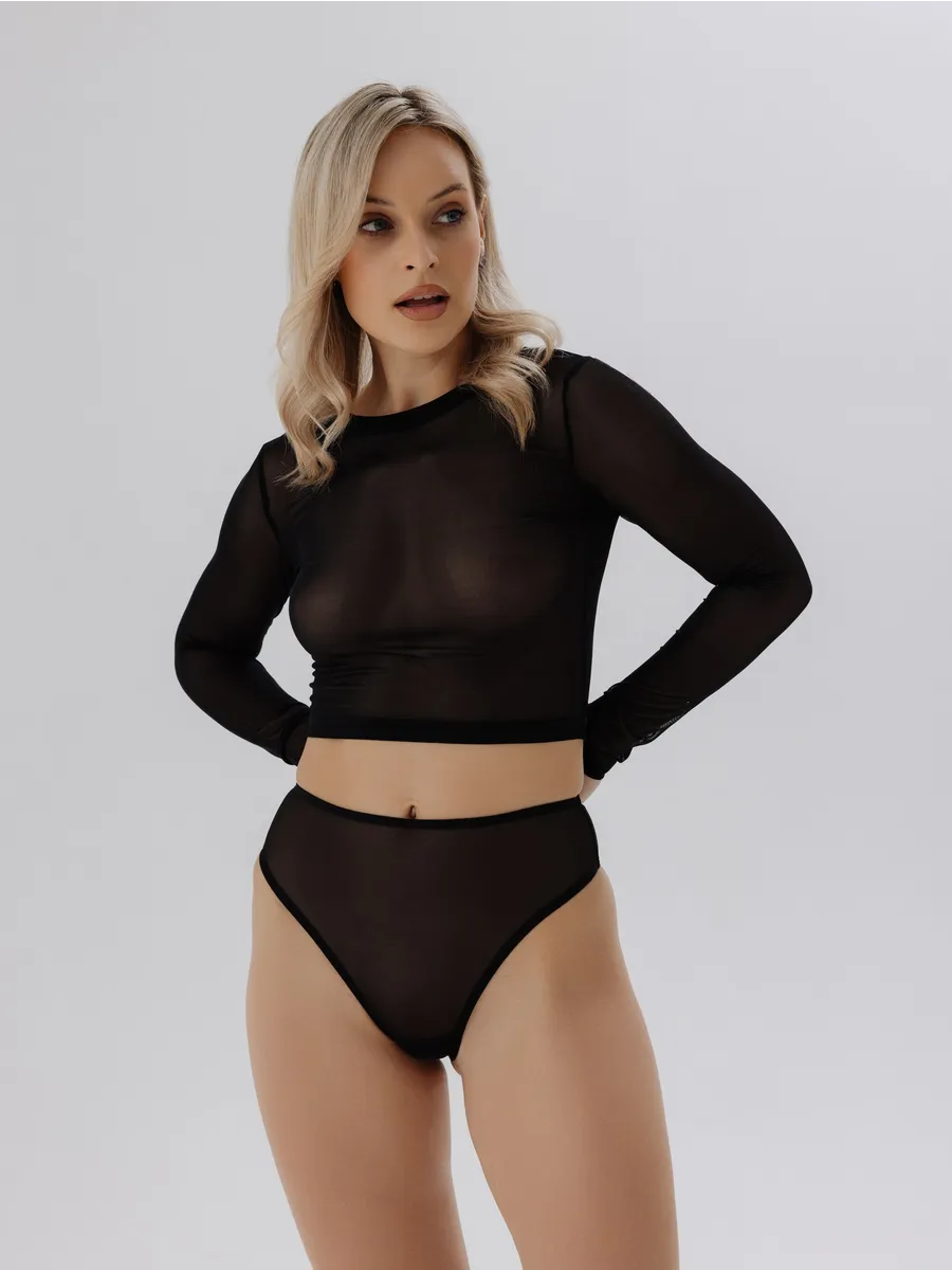 Лонгслив облегающий укороченный прозрачный сетка черный