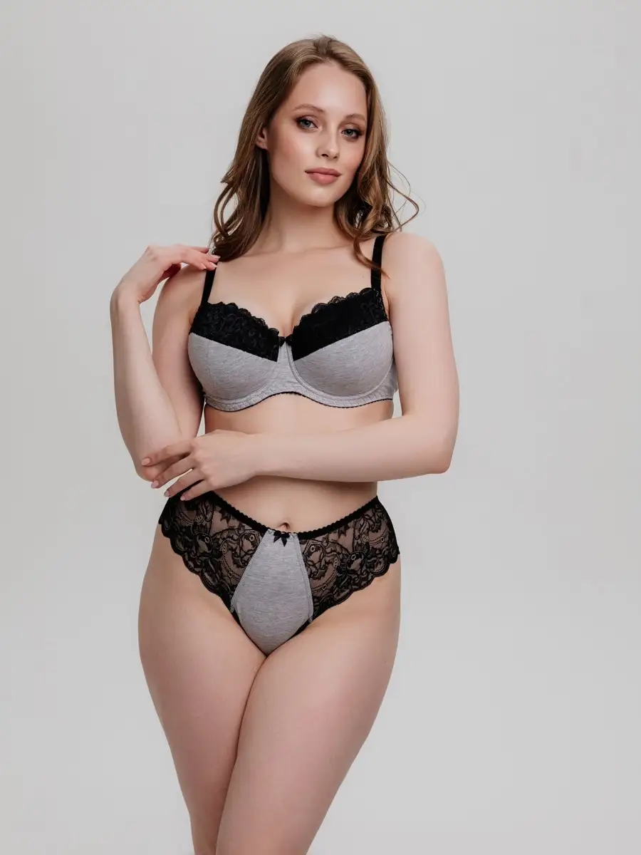Трусы женские стринги кружево высокая талия для пышных форм серыймеланж/черный