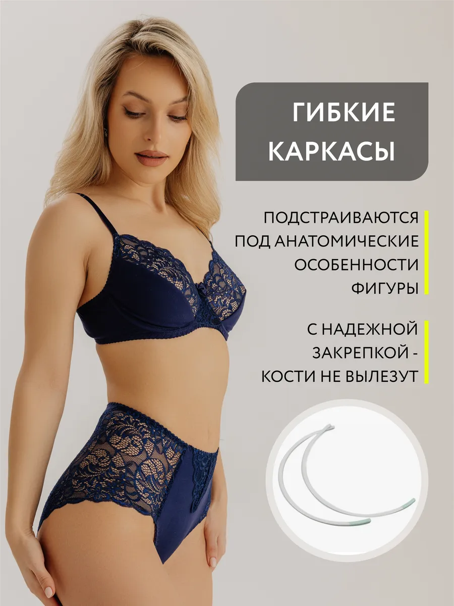 Бюстгальтер без поролона кружевной с мягкой чашкой синий