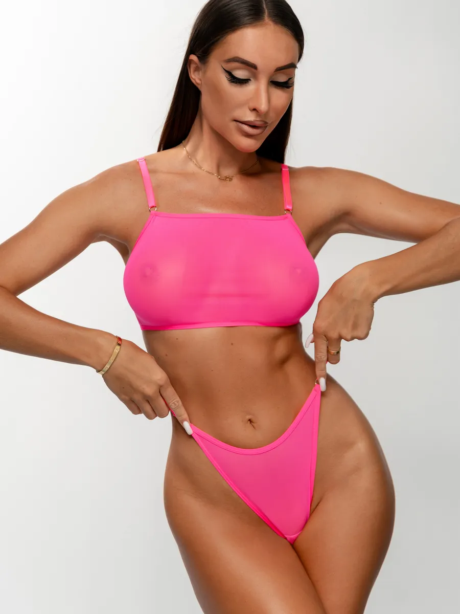 Трусы стринги прозрачные сексуальные из сетки стрепы розовый_неон