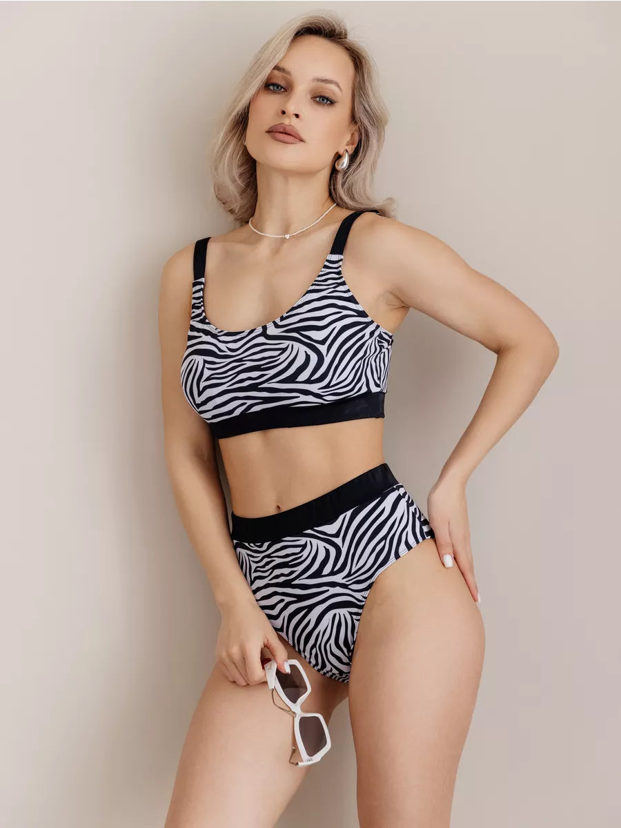 Купальник раздельный анималистичный принт зебра белый_узор/черный