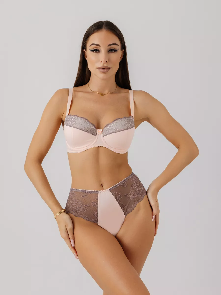 Трусы с высокой посадкой кружевные стринги бразильяна персиковый/серый