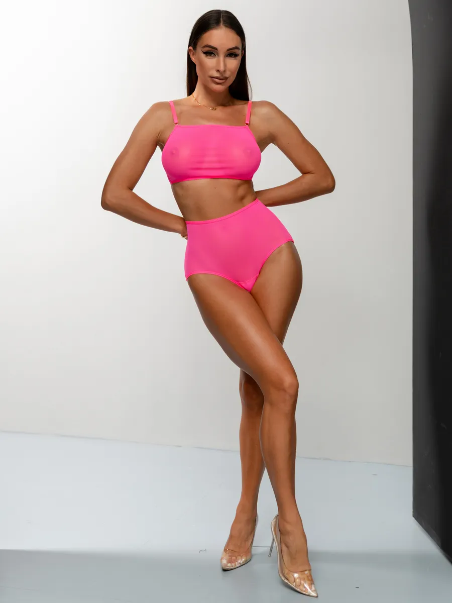 Бюстгальтер топ без косточек прозрачный сексуальный сетка розовый_неон