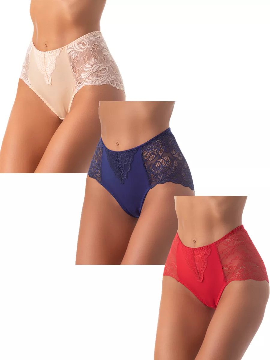 Трусы набор 3 шт кружевные с высокой посадкой бежевый/синий/красный