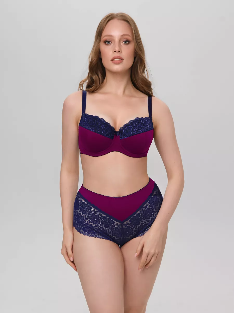 Трусы высокие кружевные слипы большие размеры сливовый/синий