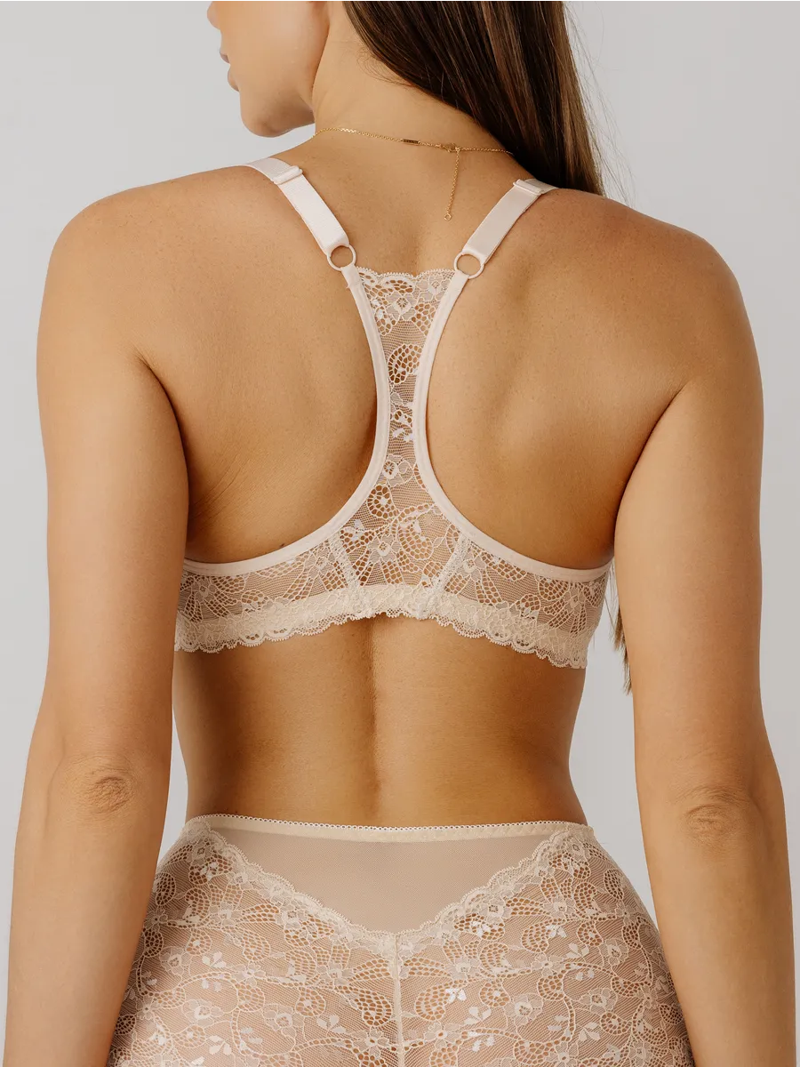 Бюстгальтер топ без косточек прозрачный из сетки с кружевом бежевый