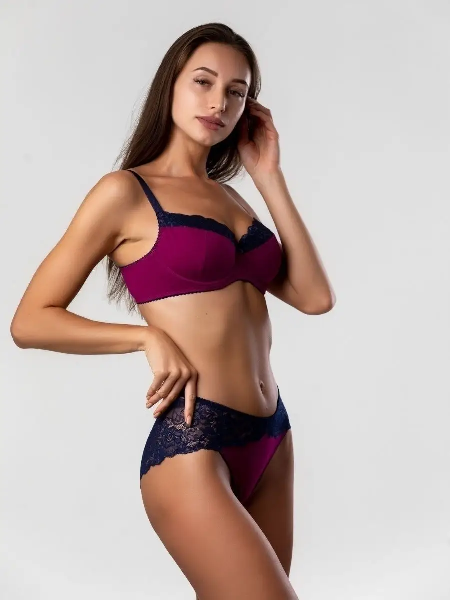 Трусы кружевные хлопковые слипы качественные сливовый/синий