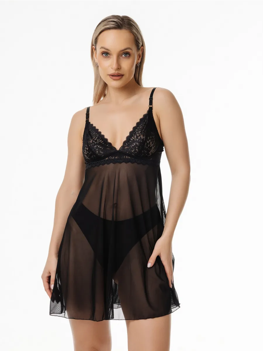 Ночная сорочка с кружевом прозрачная ночнушка черный