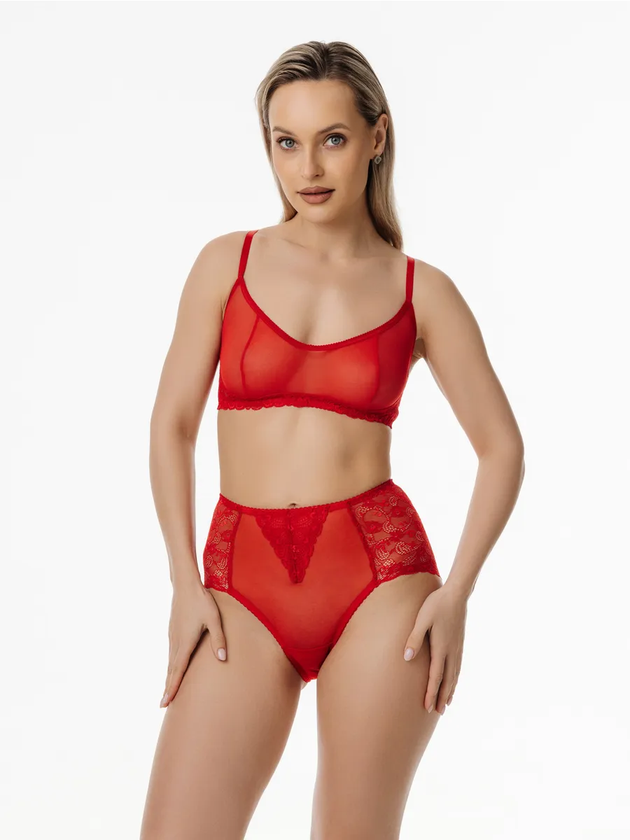 Трусы с высокой посадкой кружевные слипы красный