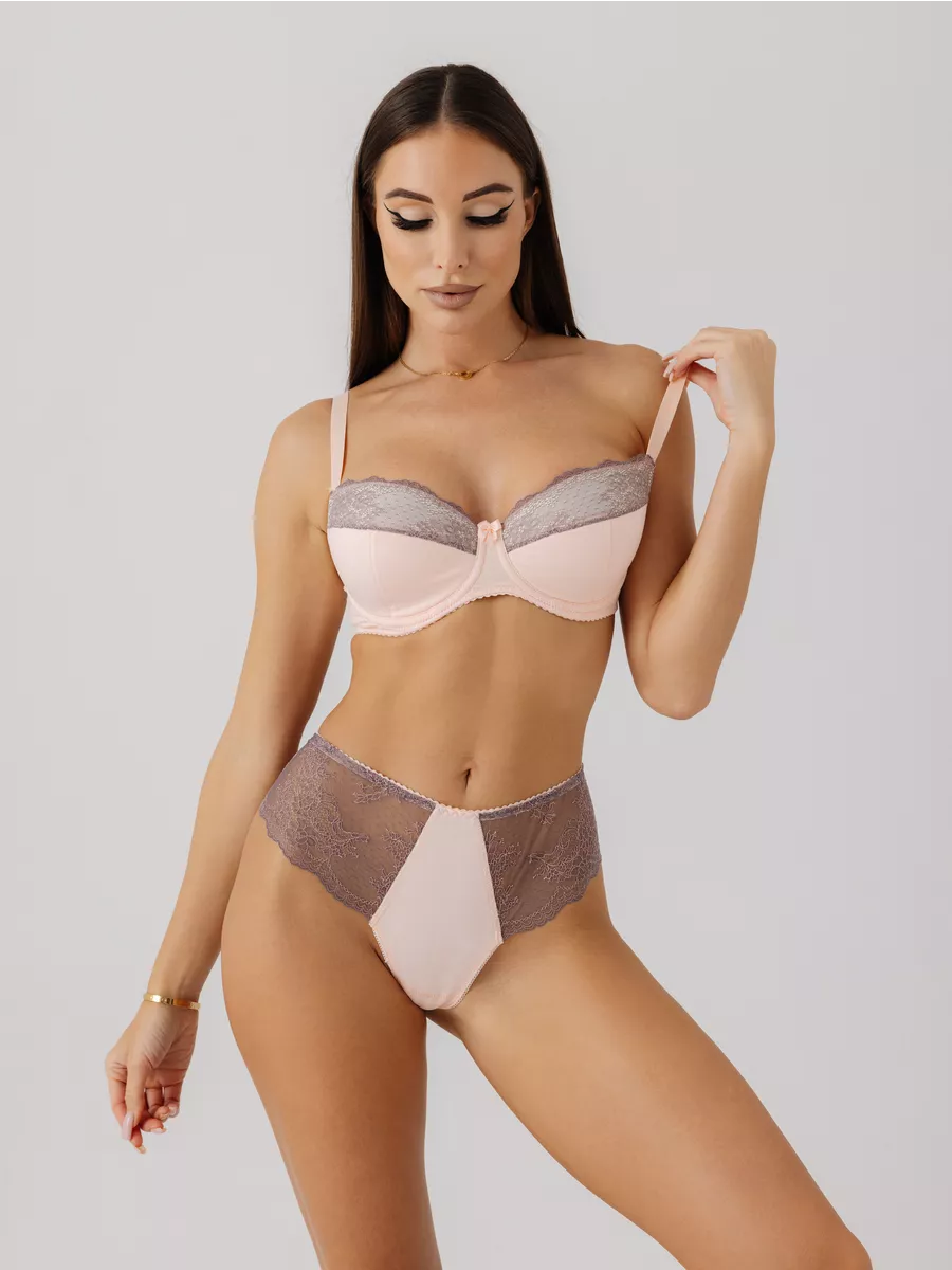 Трусы с высокой посадкой кружевные стринги бразильяна персиковый/серый