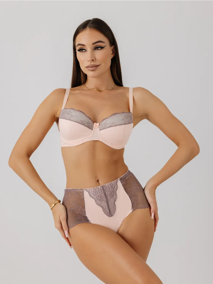 Трусы с высокой посадкой кружевные слипы персиковый/серый