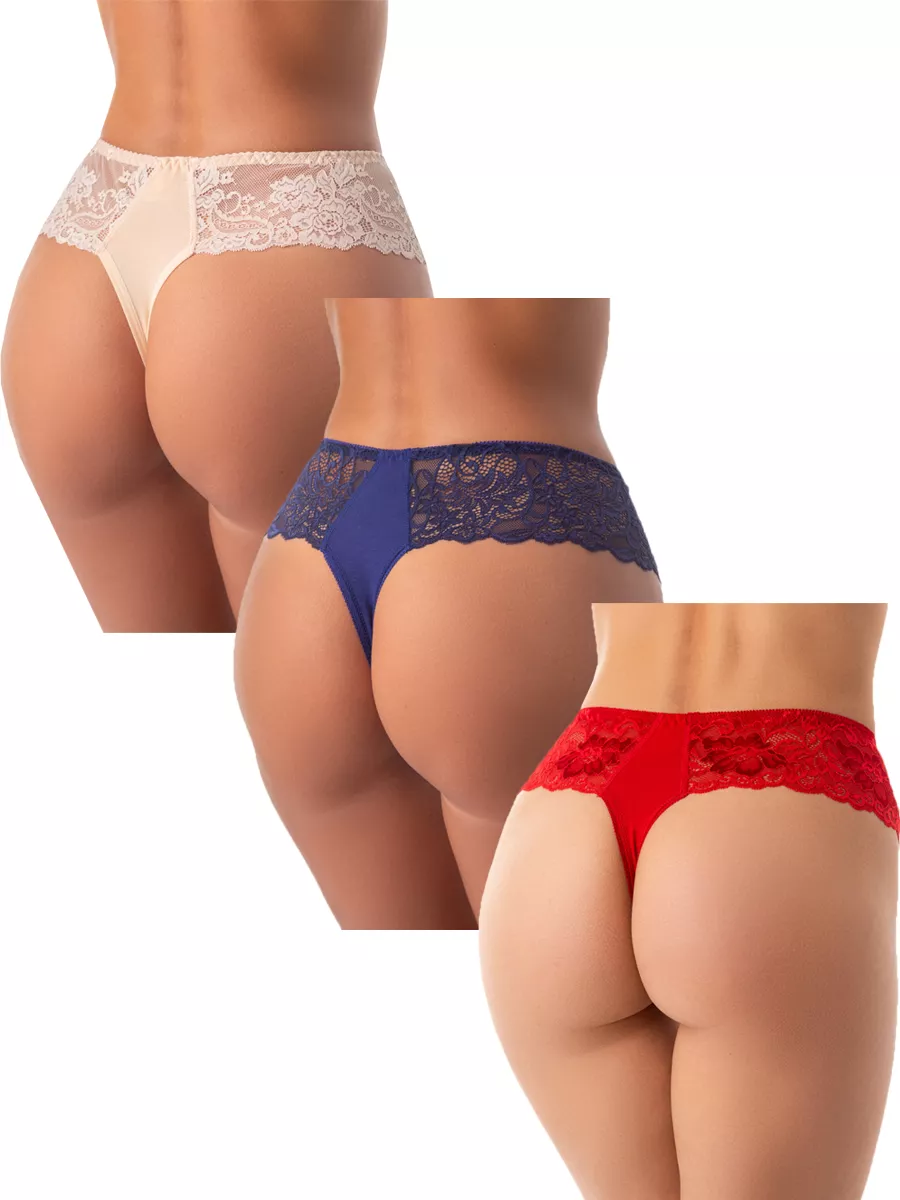 Трусы набор 3 шт кружевные стринги бразильяна бежевый/синий/красный