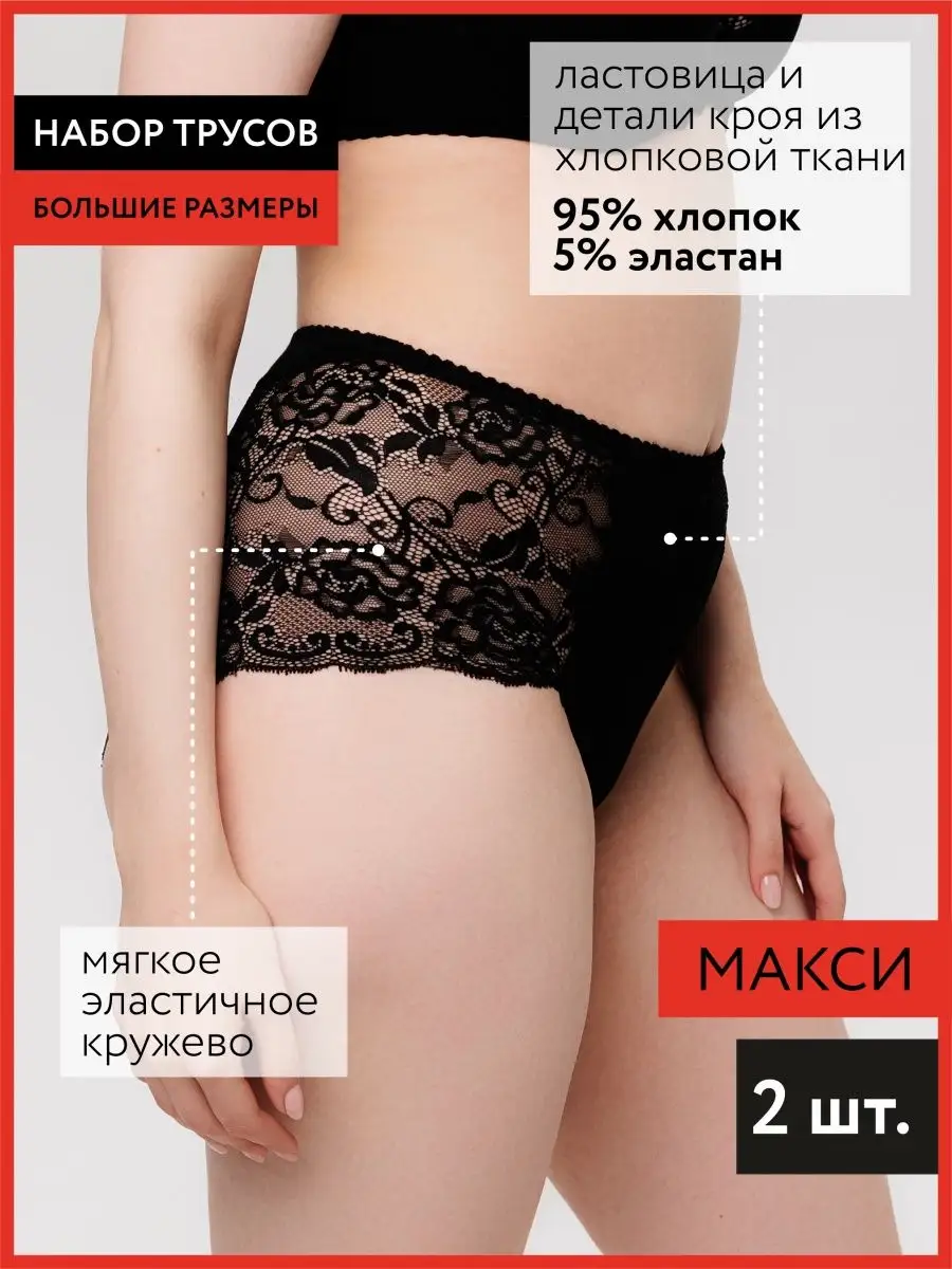 Набор комплект трусов слипы кружевные высокая талия черный/черный