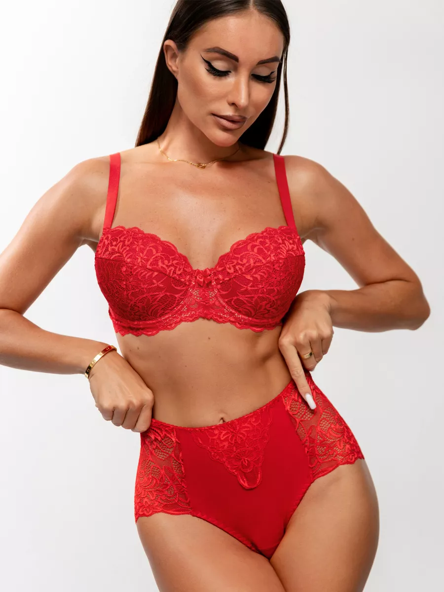 Трусы слипы хлопок кружевные высокие мини красный