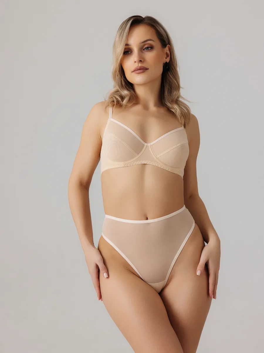 Трусы с высокой посадкой прозрачные стринги из сетки бежевый