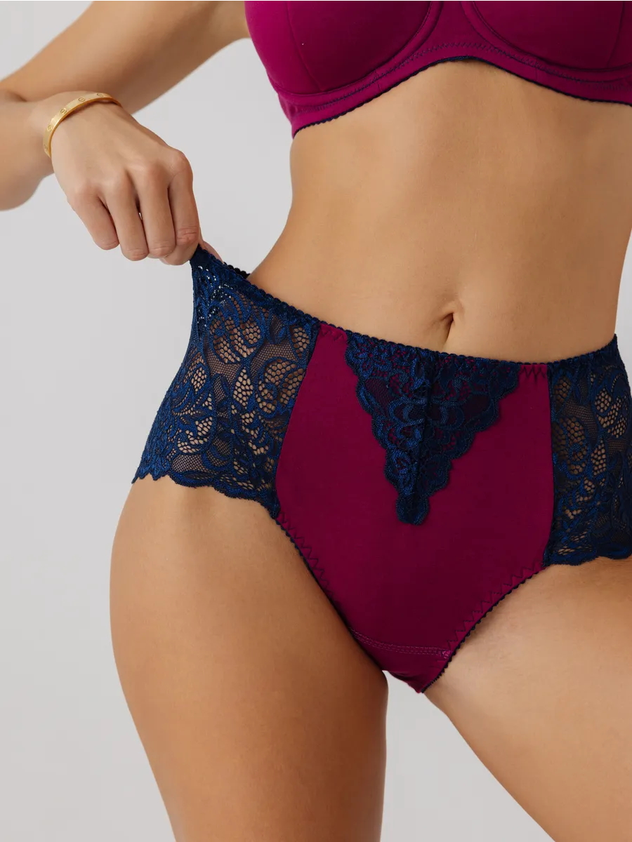 Набор комплект трусов слипы кружевные высокая талия сливовый/синий//сливовый/синий/