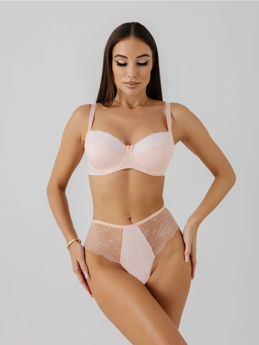 Трусы с высокой посадкой кружевные стринги бразильяна абрикосовый