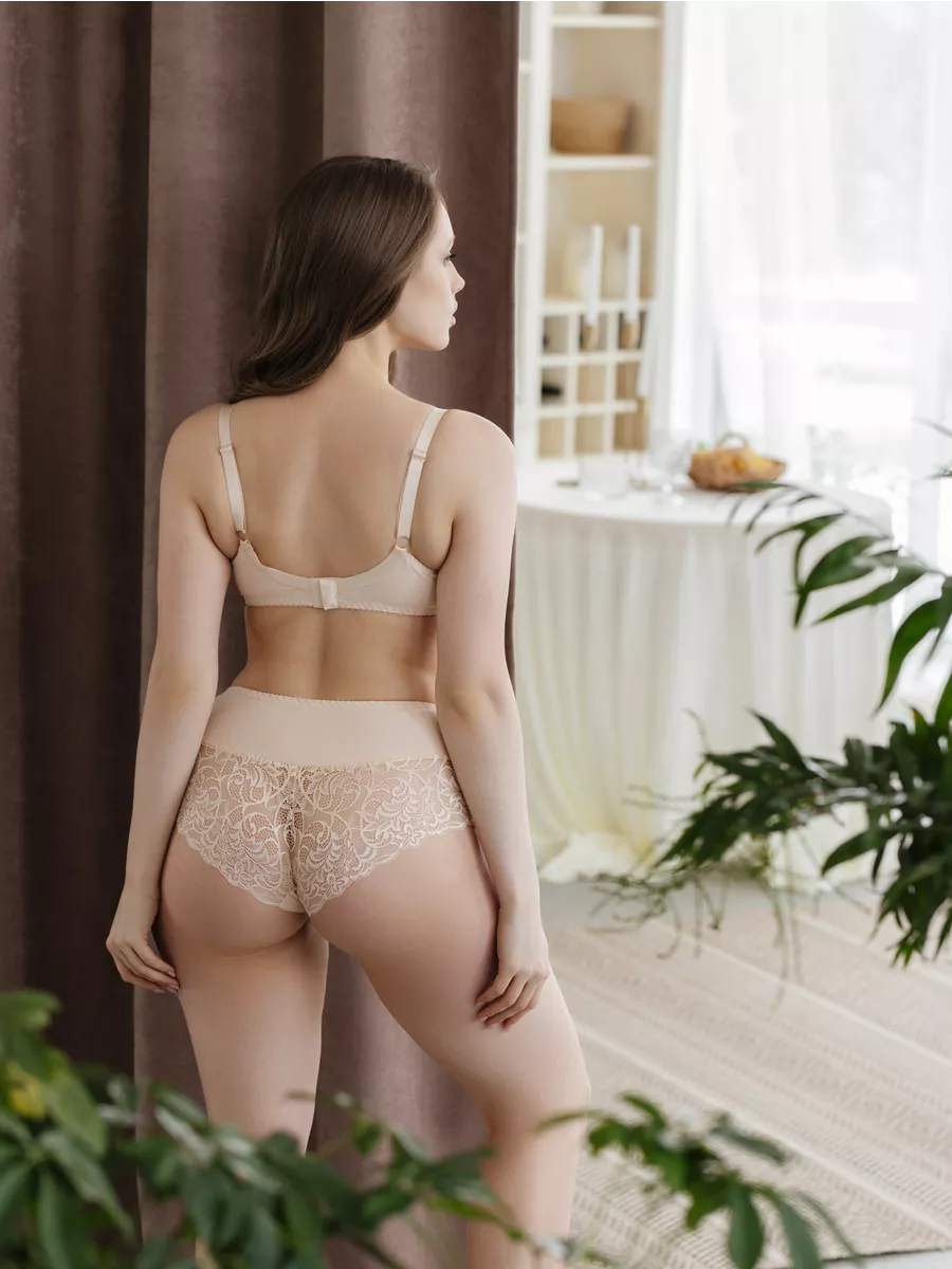 Трусы высокие кружевные слипы большие размеры бежевый