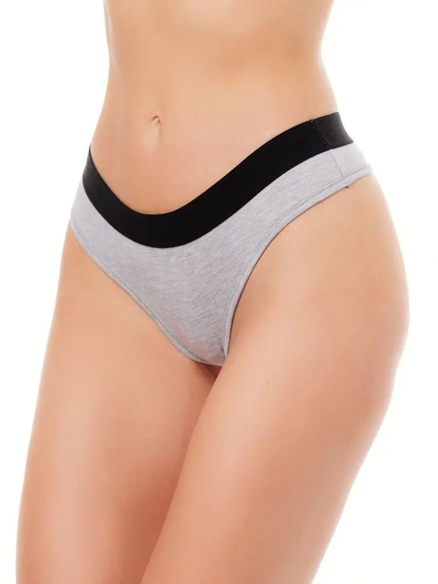 Трусы стринги спортивные с широкой резинкой хлопок серыймеланж/черный