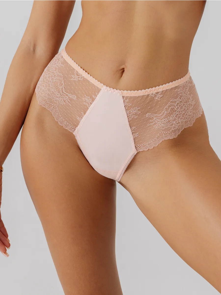 Трусы с высокой посадкой кружевные стринги бразильяна абрикосовый