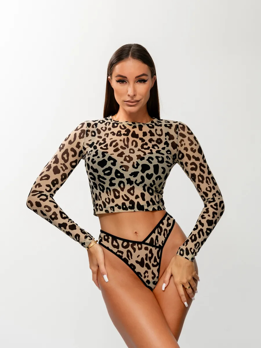 Трусы бразильяна с высокой посадкой леопардовые из сетки барс/черный