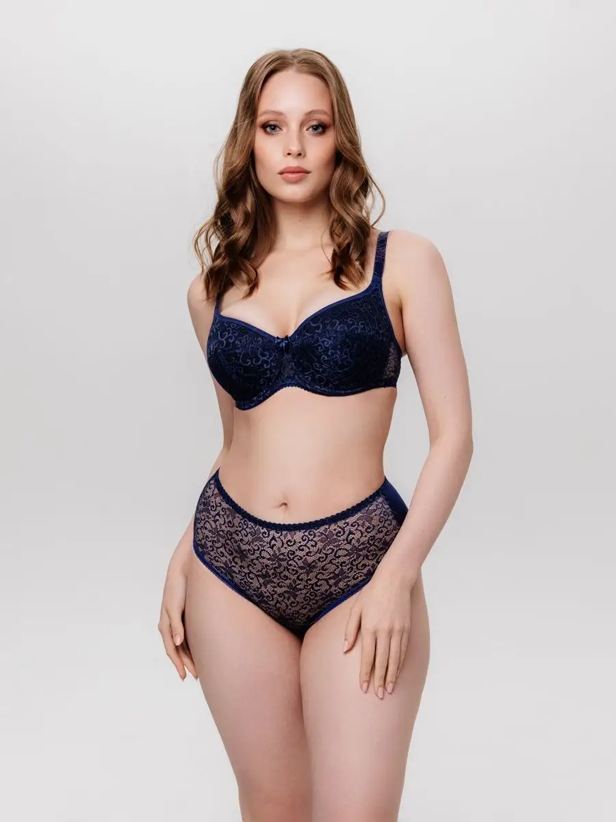 Трусы высокие хлопковые с кружевом синий